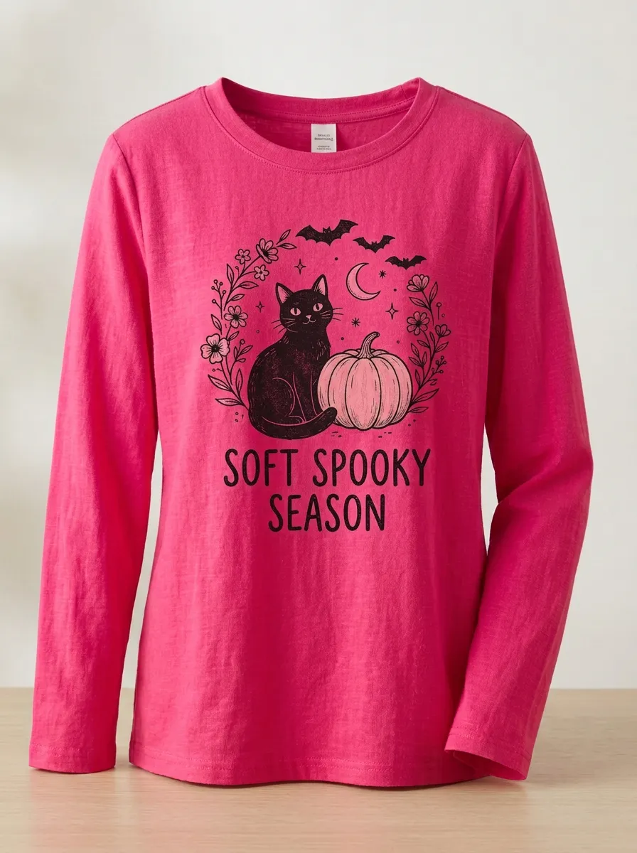 Pumpkin Cat Floral Halloween Cotton Linen Long Sleeve Top