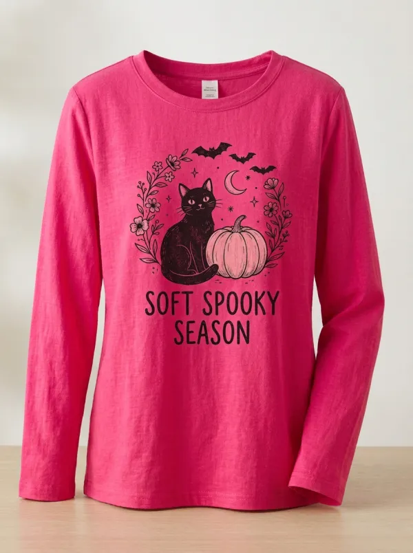 Pumpkin Cat Floral Halloween Cotton Linen Long Sleeve Top