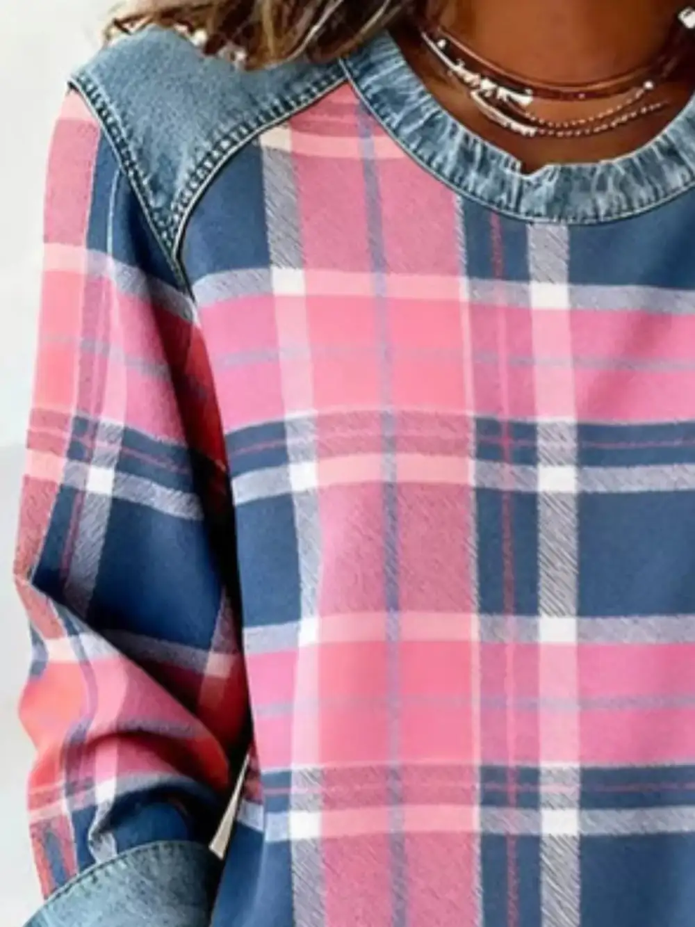 Plaid Denim Trim Long Sleeve Sweatshirt