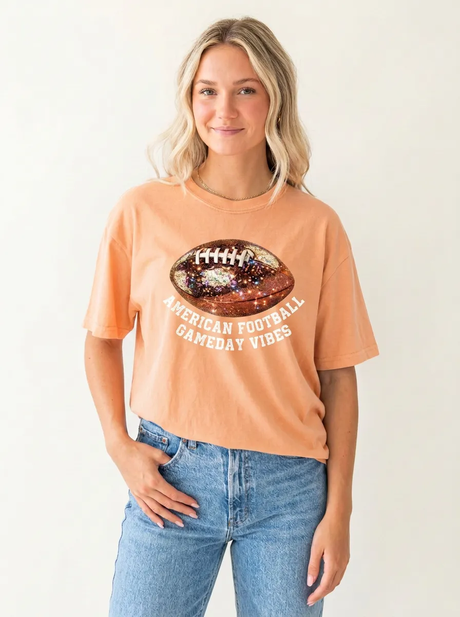 Women's Casual Football Ball Sparkle Crew Neck Graphic T-Shirt