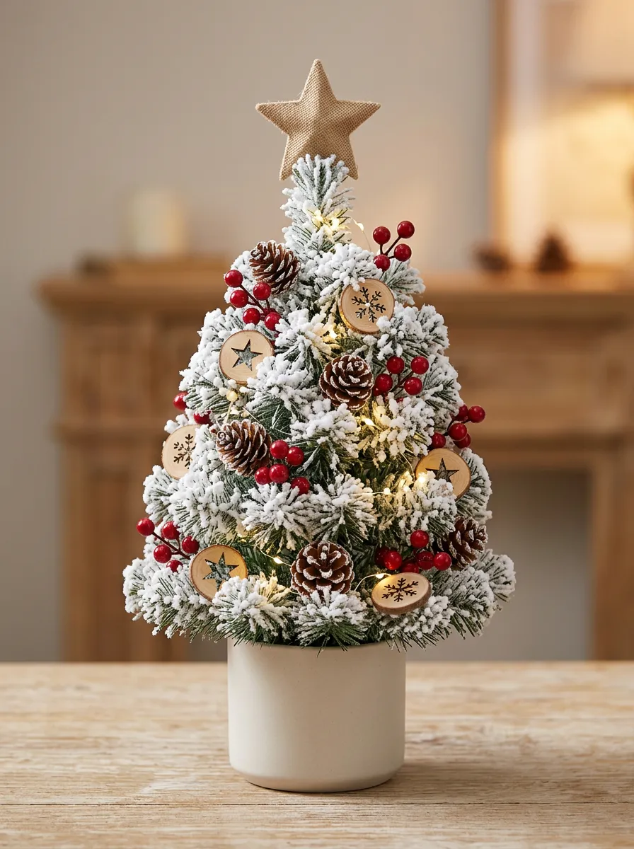 Christmas Snow-Flocked Pinecone Red Berry Printed Tabletop Tree