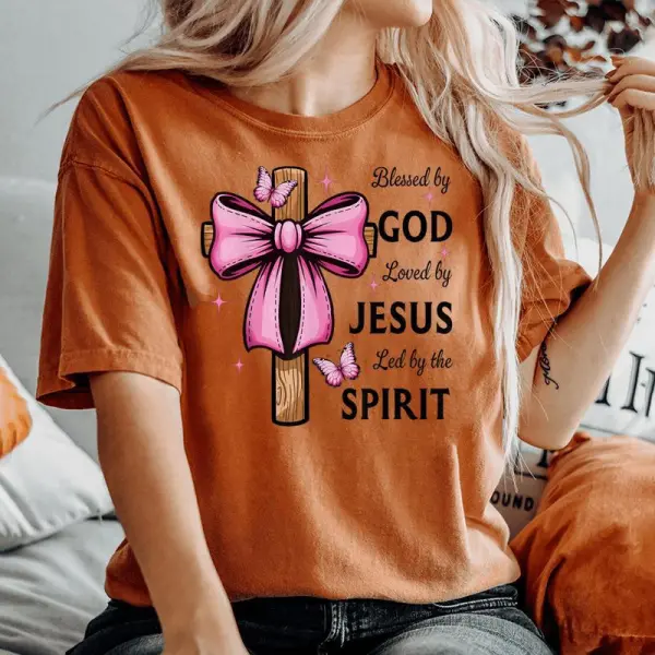 Blessed By God Loved By Jesus Pink Coquette Bow And Cross Women's Oversized Comfort T-shirt