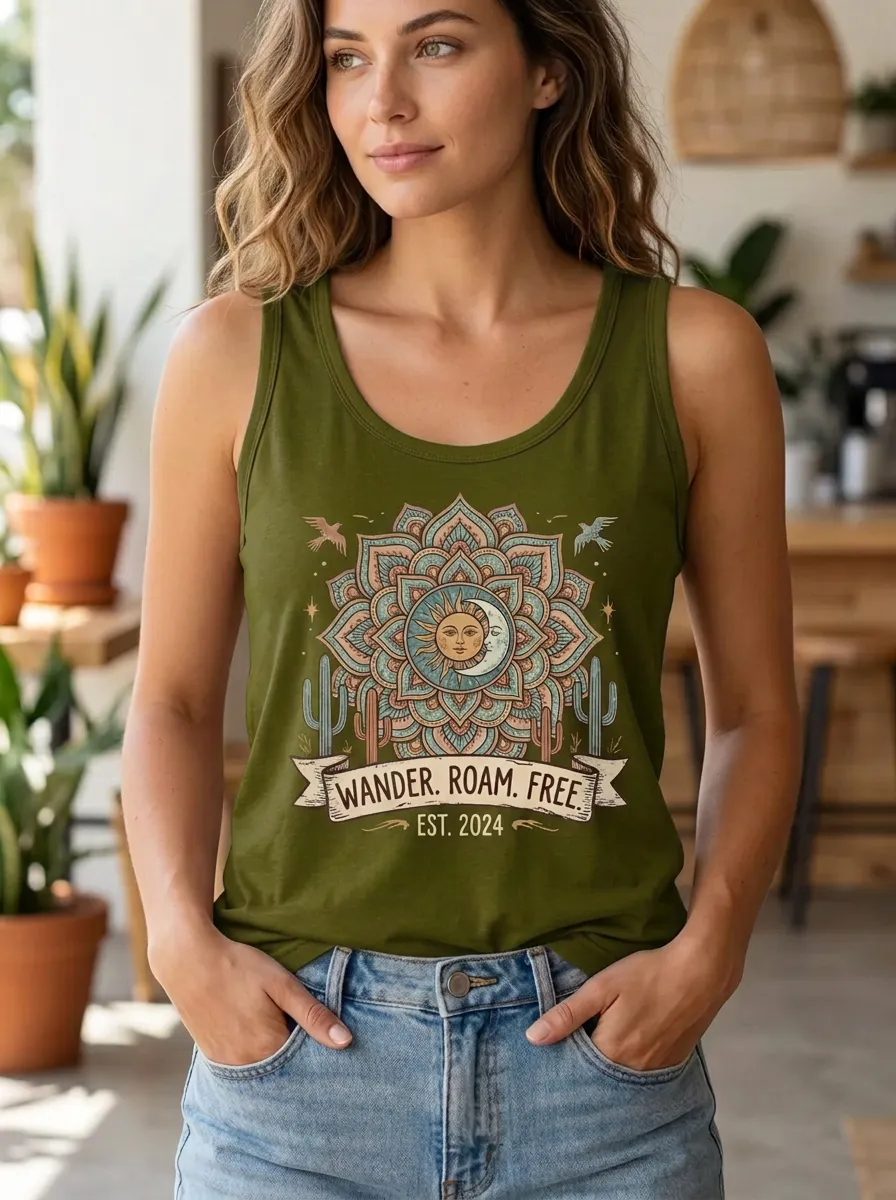 Boho Wanderer Sun Moon Mandala Cactus Tank Top