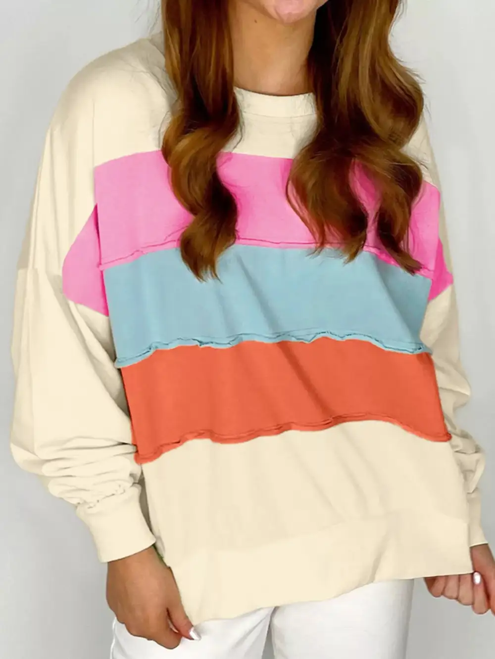 Drop Shoulder Crew Neck Color Block Sweatshirt