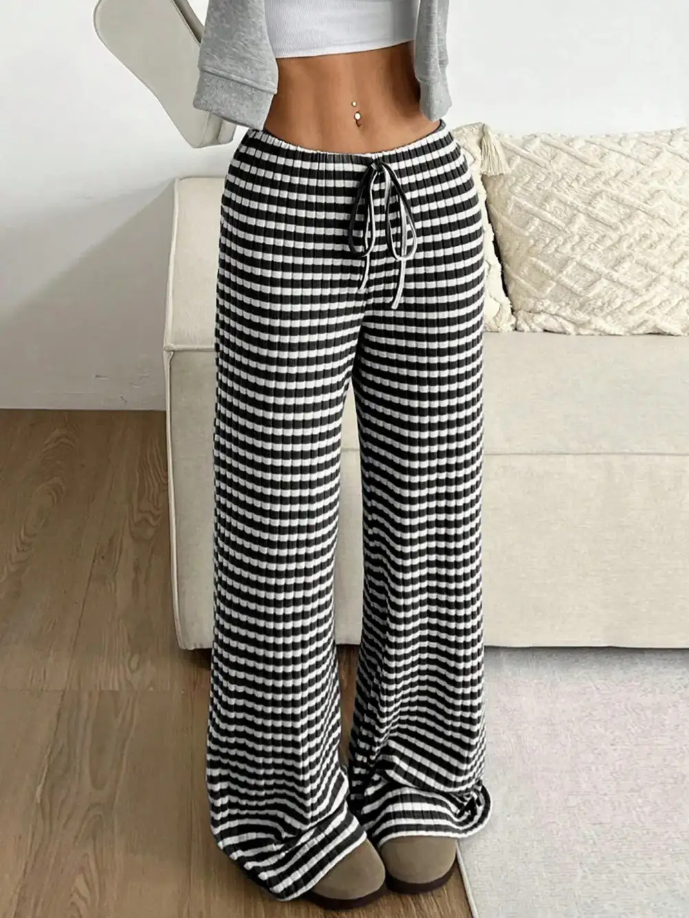 Wide Leg Drawstring Striped Casual Pants