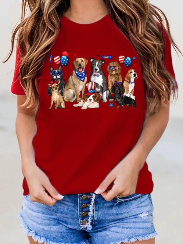Women'S Spending Independence Day With My Dog Printed  Round-Neck Short-Sleeved T-Shirt