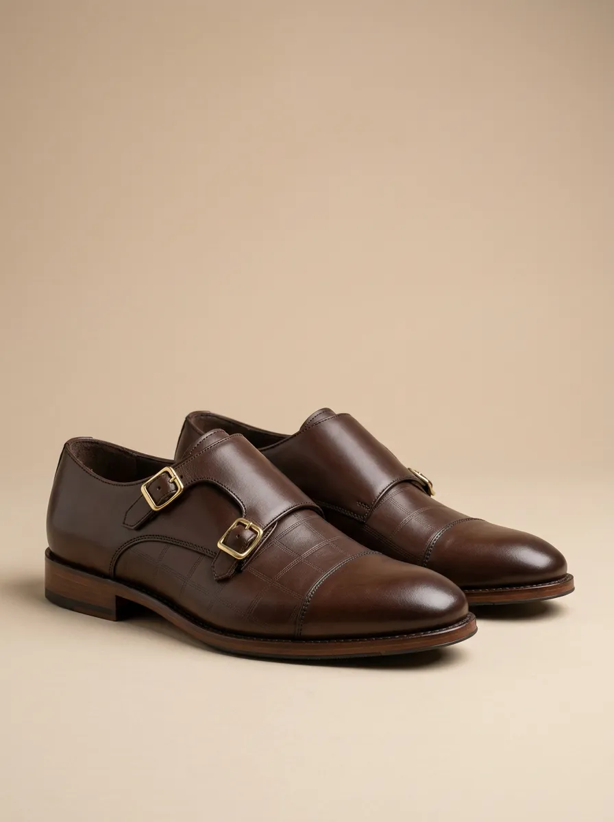Men's Business Formal Checkered Double Monk Strap Leather Shoes