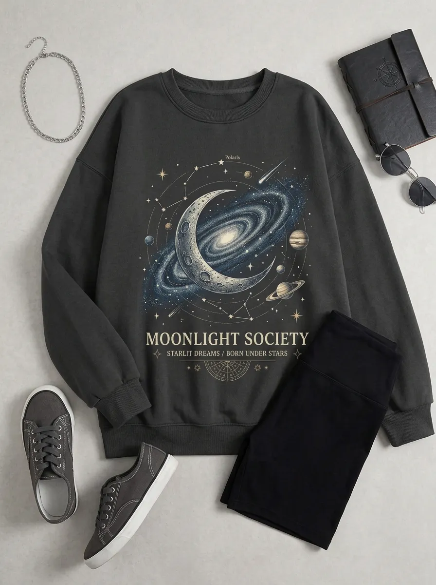 Women's Astronomy Lover Moonlight Society Galaxy Printed T-shirt