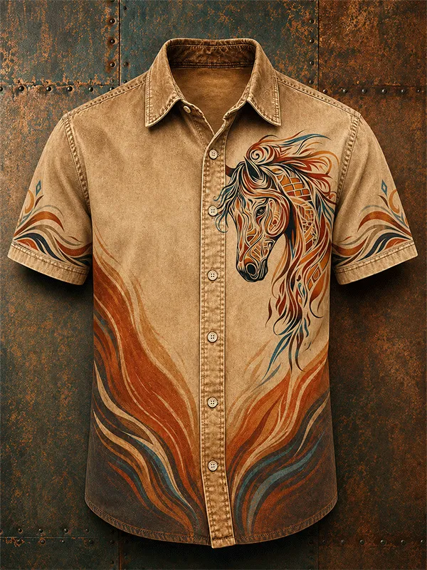 Men's Retro Southwest Horse Art Print Washed Short Sleeve Shirt