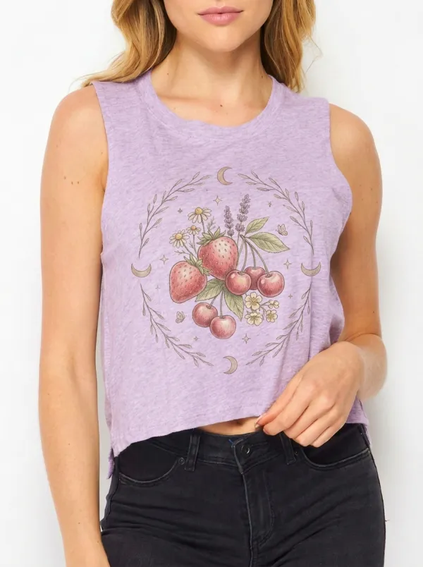 Women's Cottagecore Strawberry Cherry Floral Printed Tank Top