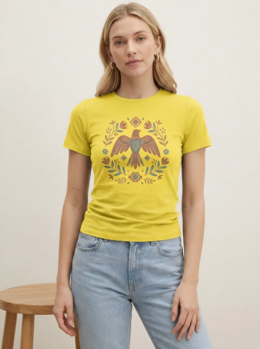 Women's Boho Nature Lover Bird Floral Wreath Printed T-shirt
