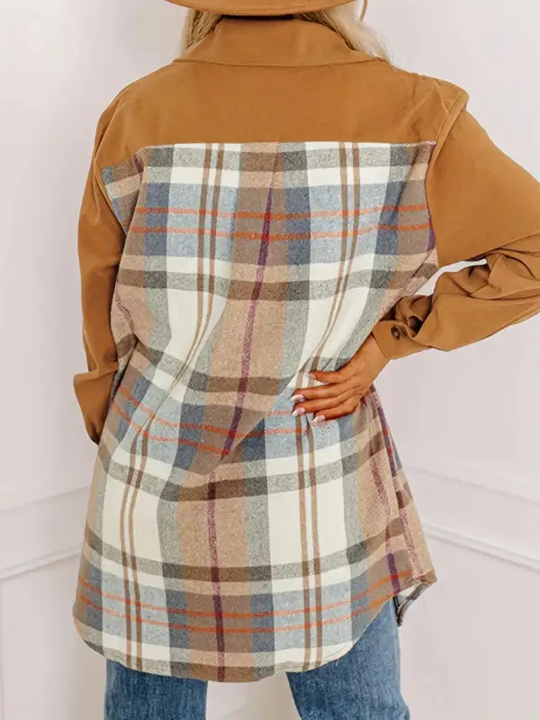 Refined Collared Plaid Pocketed Jacket