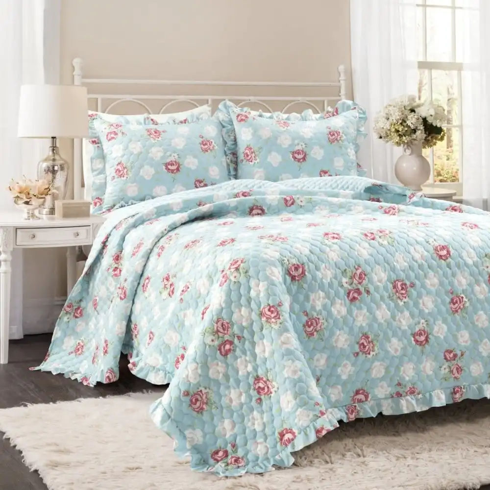 Floral Ruffled Quilt Bedding Set
