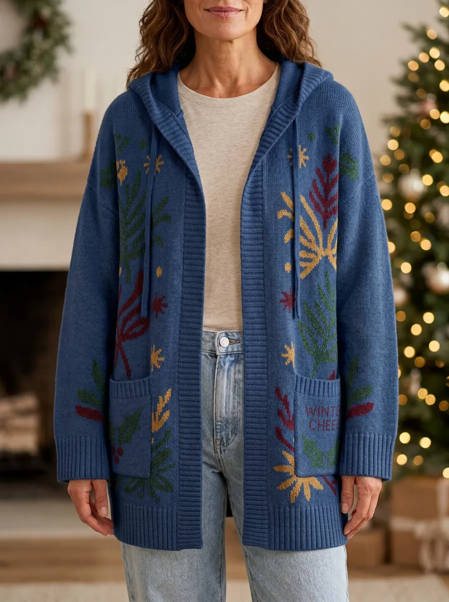 Christmas Winter Cheer Holly Leaf Pattern Print Hooded Cardigan
