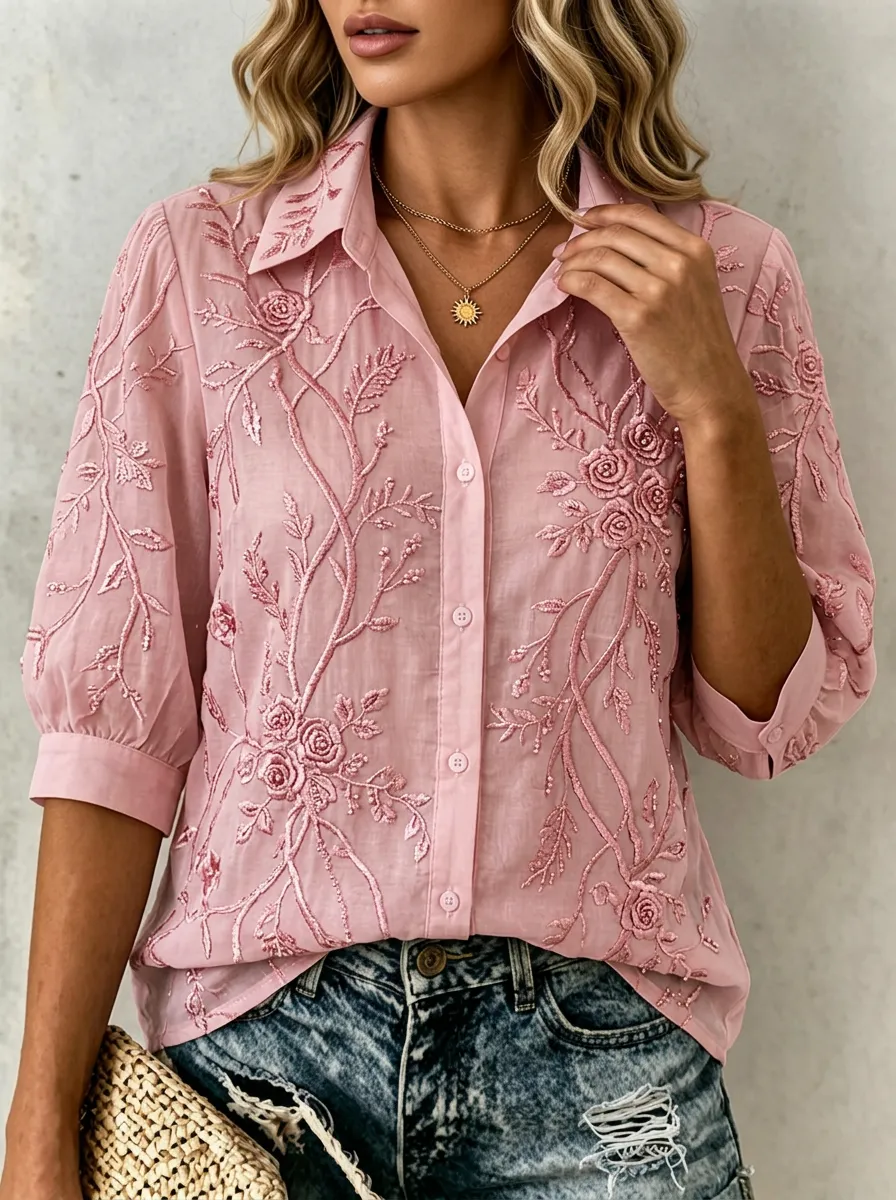 Women's Breast Cancer Awareness Pink Floral Embroidered Button-up Shirt