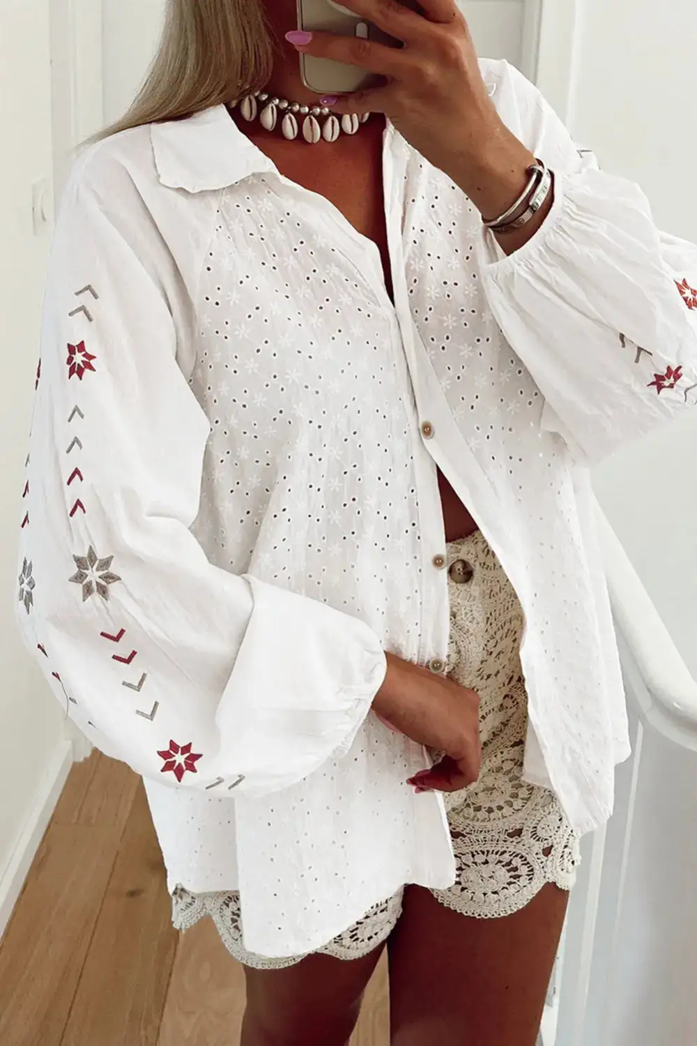 Floral Embroidered Eyelet Shirt Blouse