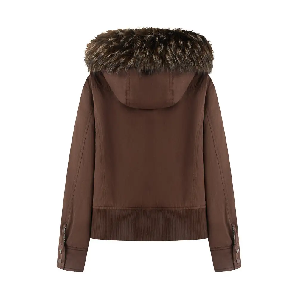 Quilted Faux Fur Hooded Flap Pocket Bomber Jacket