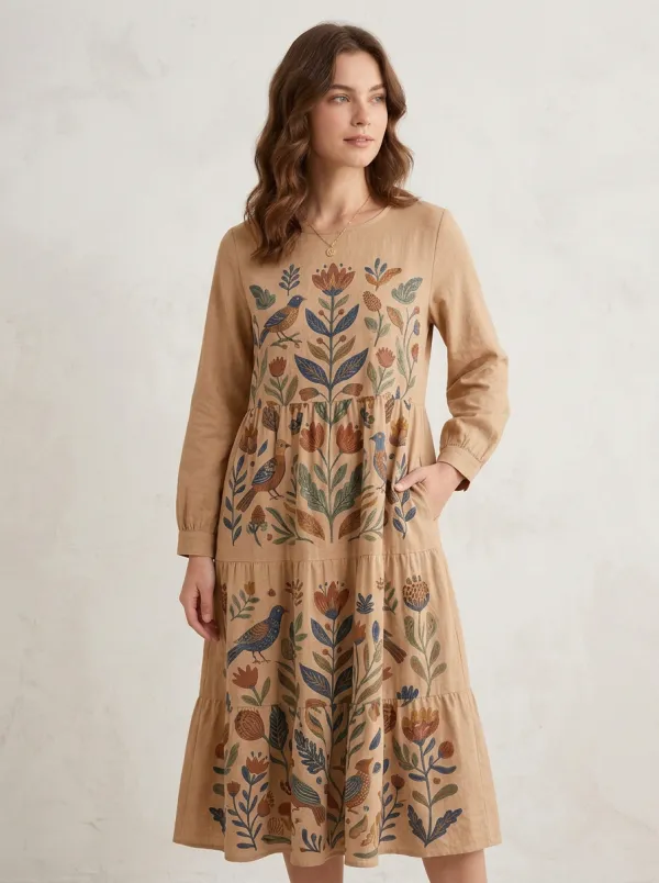 Botanical Bird Floral Folk Art Midi Dress