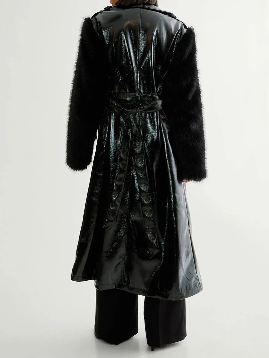 Women's Black Leather & Fuzzy-Paneled Long Coat