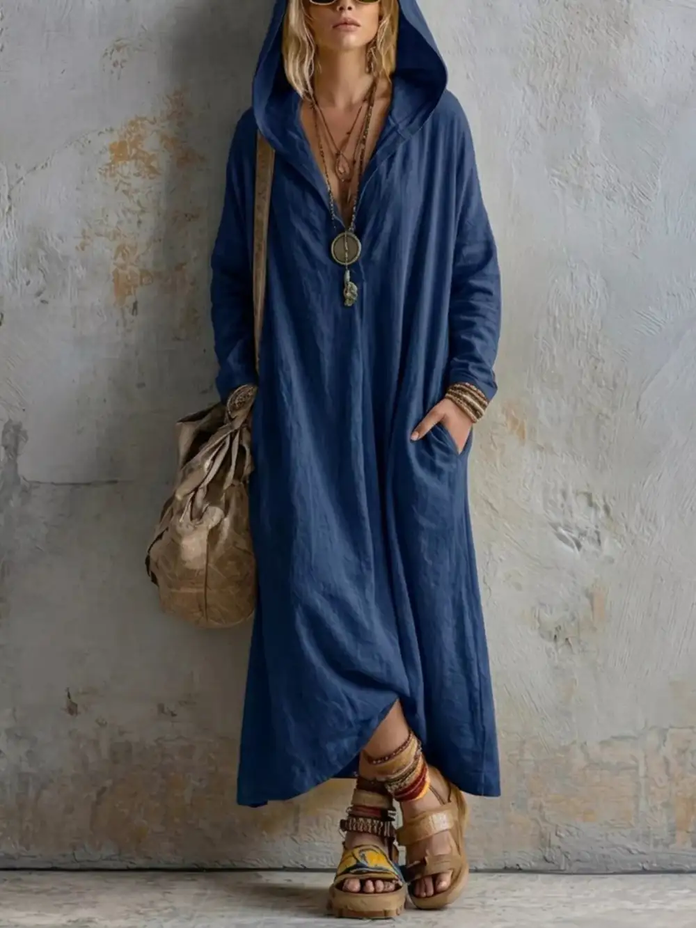 Long Sleeve Hooded Midi Dress With Pockets