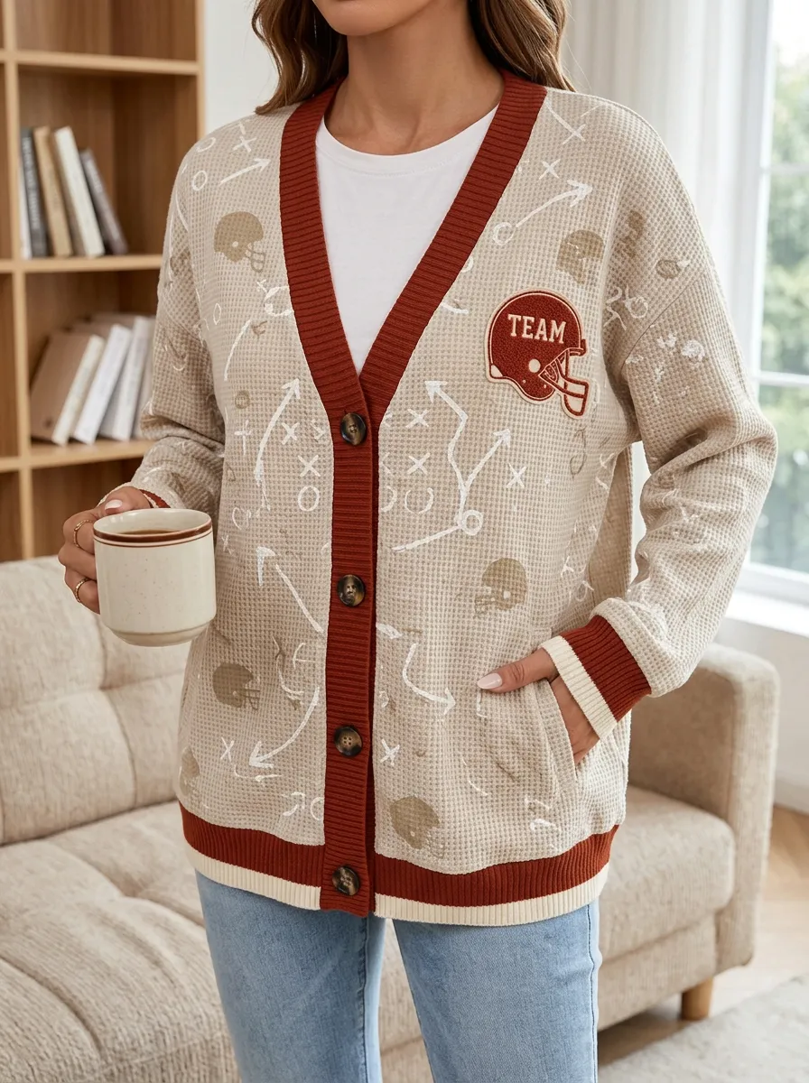 Women's Football Fan Playbook Helmet Printed Waffle Knit Cardigan