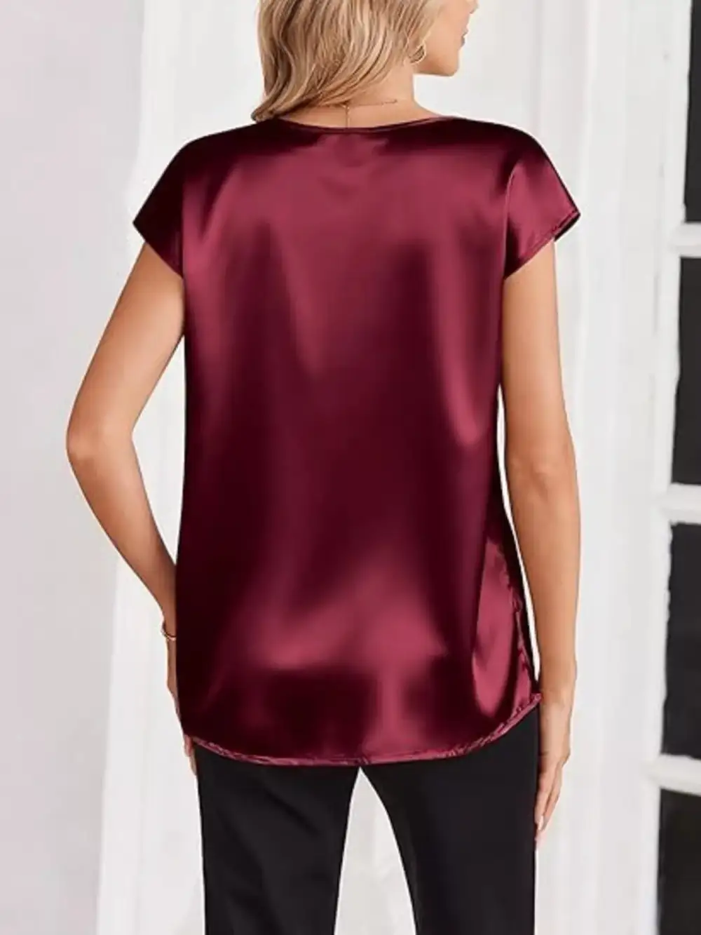 Satin V-Neck Short Sleeve Blouse