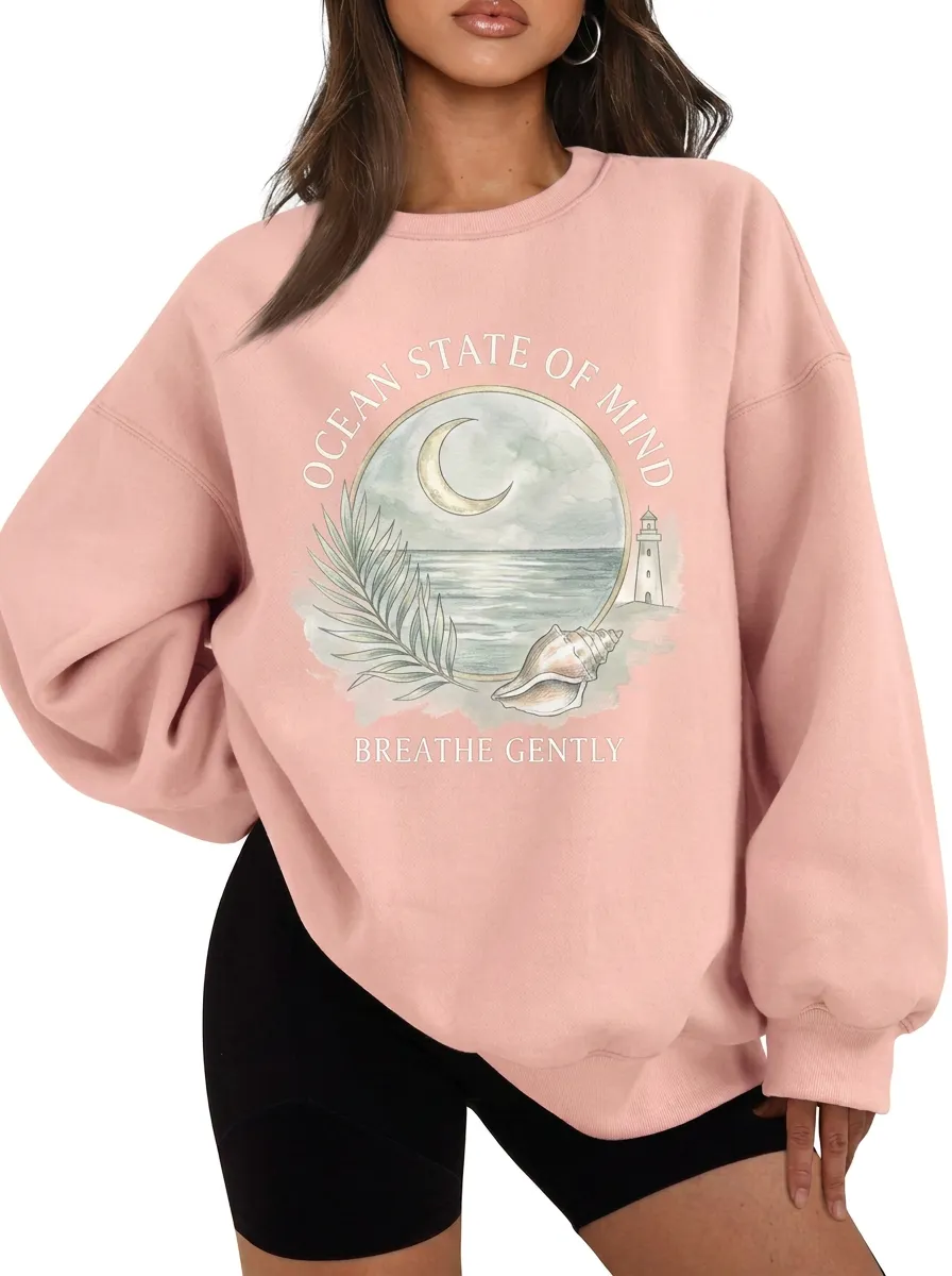 Women's Beach Lover Ocean Lighthouse Seashell Printed Sweatshirt
