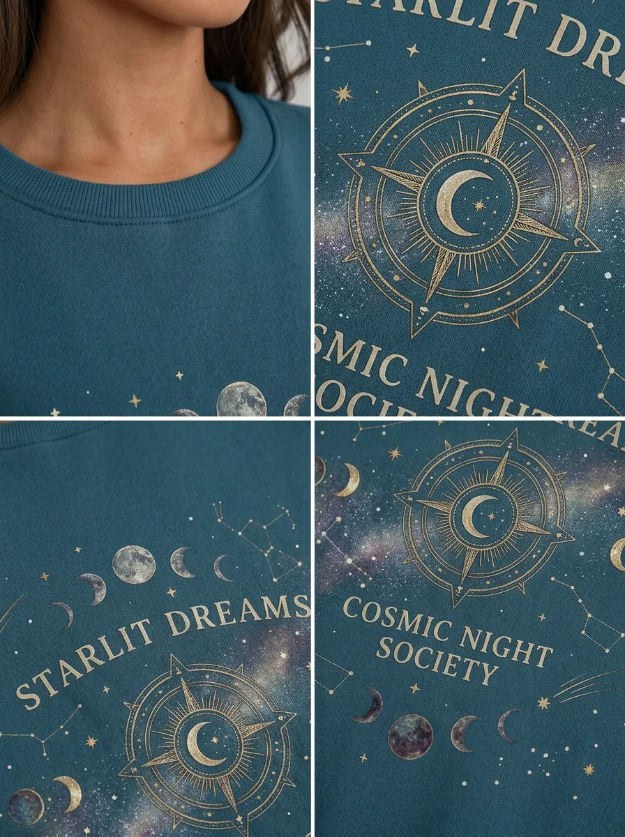 Women's Starlit Dreams Cosmic Night Society Moon Constellation Printed T-shirt