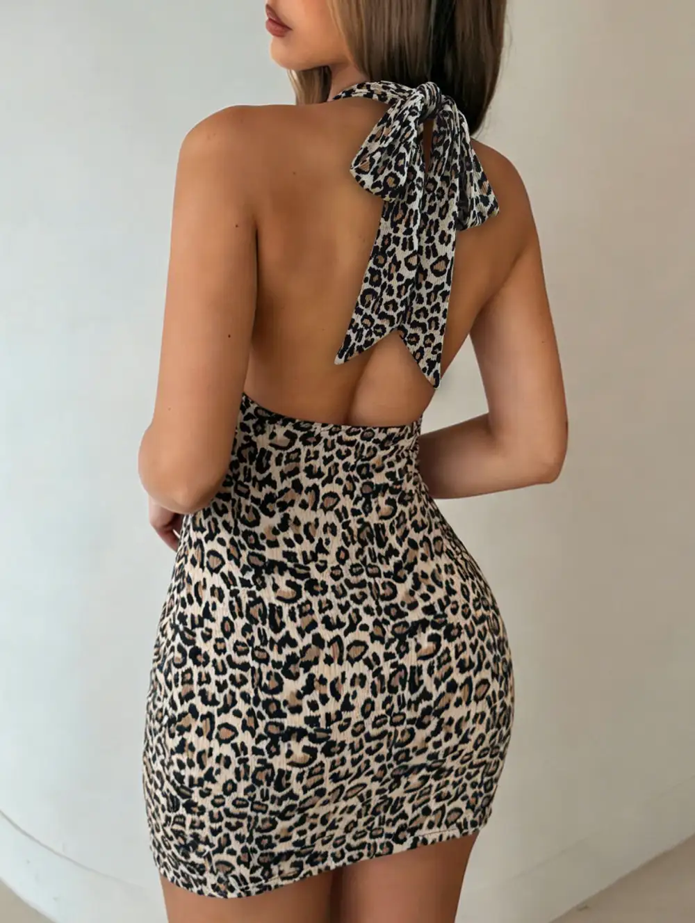 Leopard Halter Backless Mini Dress