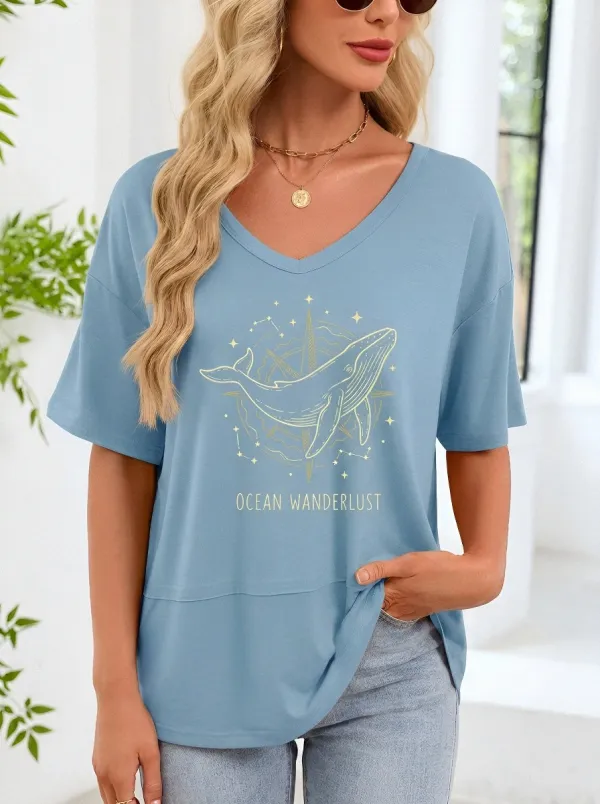 Women's Ocean Wanderlust Whale Compass Printed T-shirt
