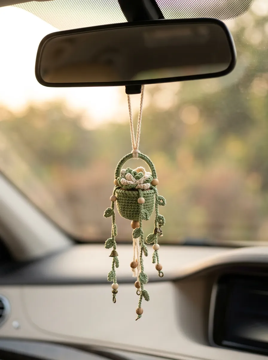 Crochet Knitted Plant Rearview Mirror Hanging Ornament