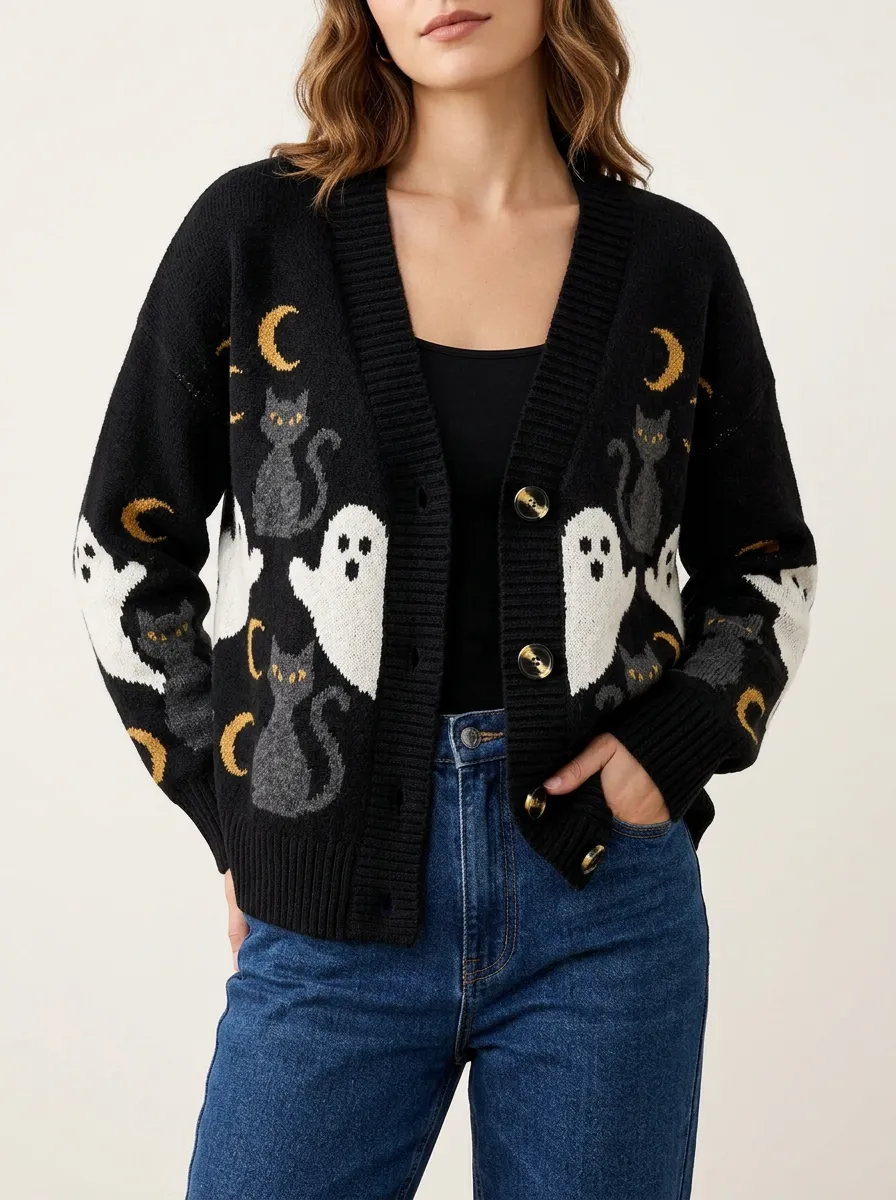 Women's Halloween Ghost Cat Moon Pattern Knitted Cardigan