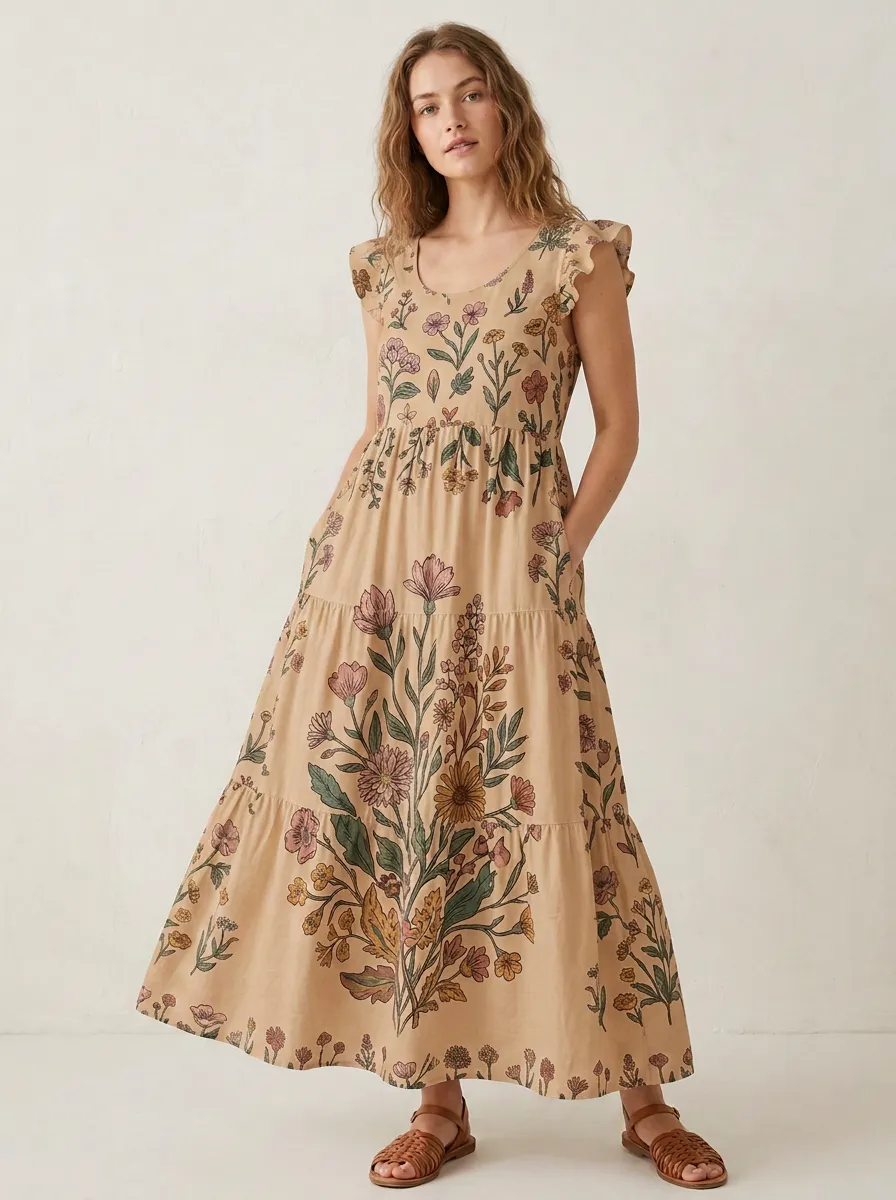 Vintage Botanical Floral Maxi Dress