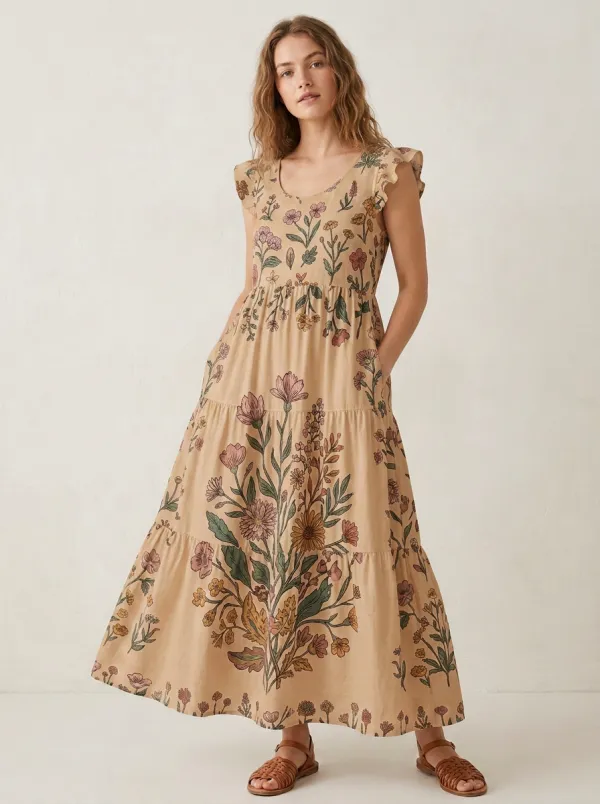 Vintage Botanical Floral Maxi Dress