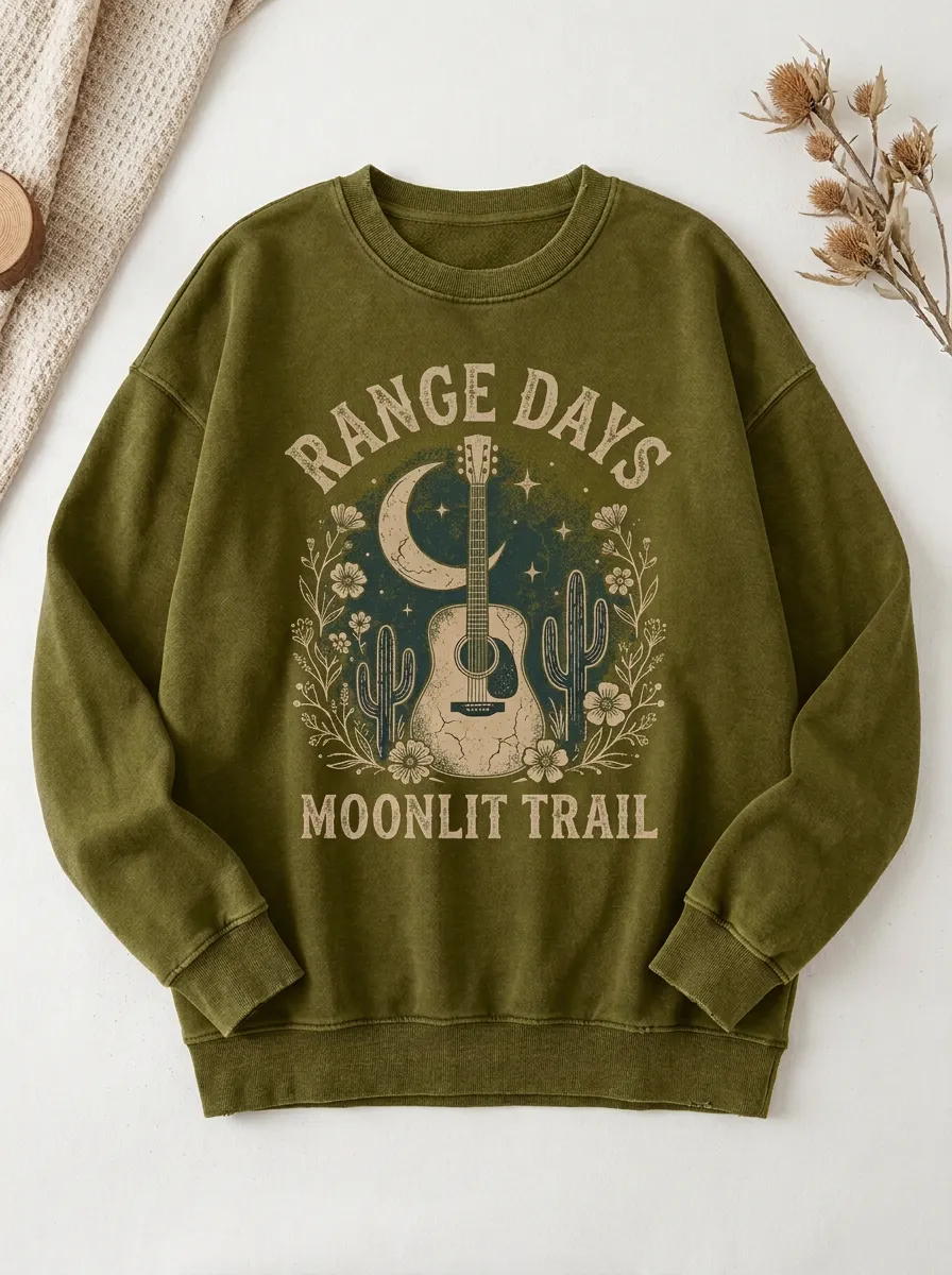Women's Western Guitar Cactus Moon Printed Sweatshirt