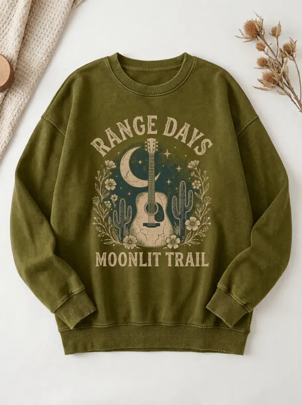 Women's Western Guitar Cactus Moon Printed Sweatshirt
