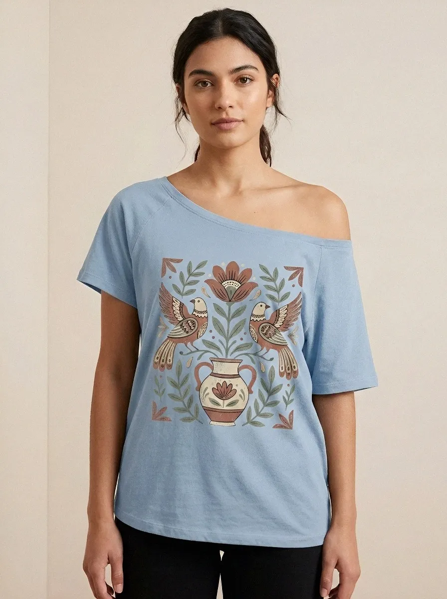 Women's Folk Art Bird and Floral Vase Printed T-shirt