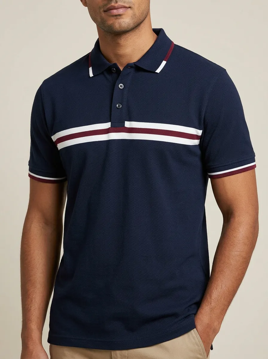 Men's Classic Knit Ribbed Textured Horizontal-Stripe Contrast-Trim Polo Shirt