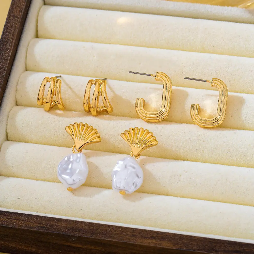 Textured Hoop Pearl Trio arrings