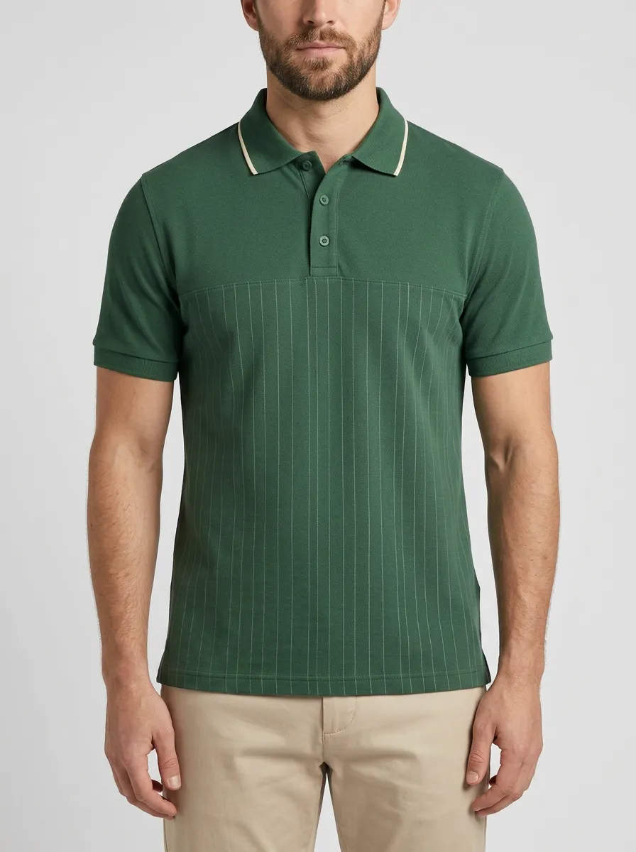 Men's Knit Ribbed Pinstripe Contrast-Piping Polo Shirt