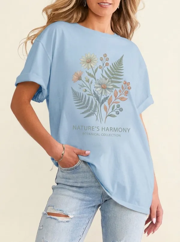 Women's Nature Lover Botanical Flower Bouquet Printed T-shirt