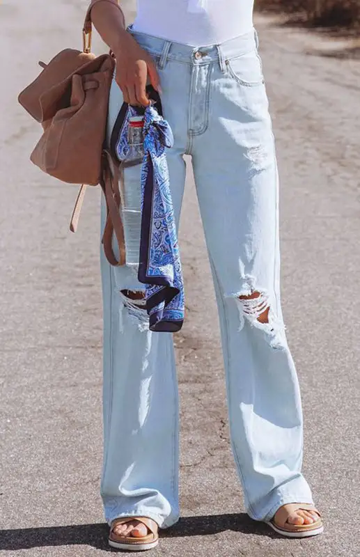 Ripped High Rise Wide Leg Denim Jeans