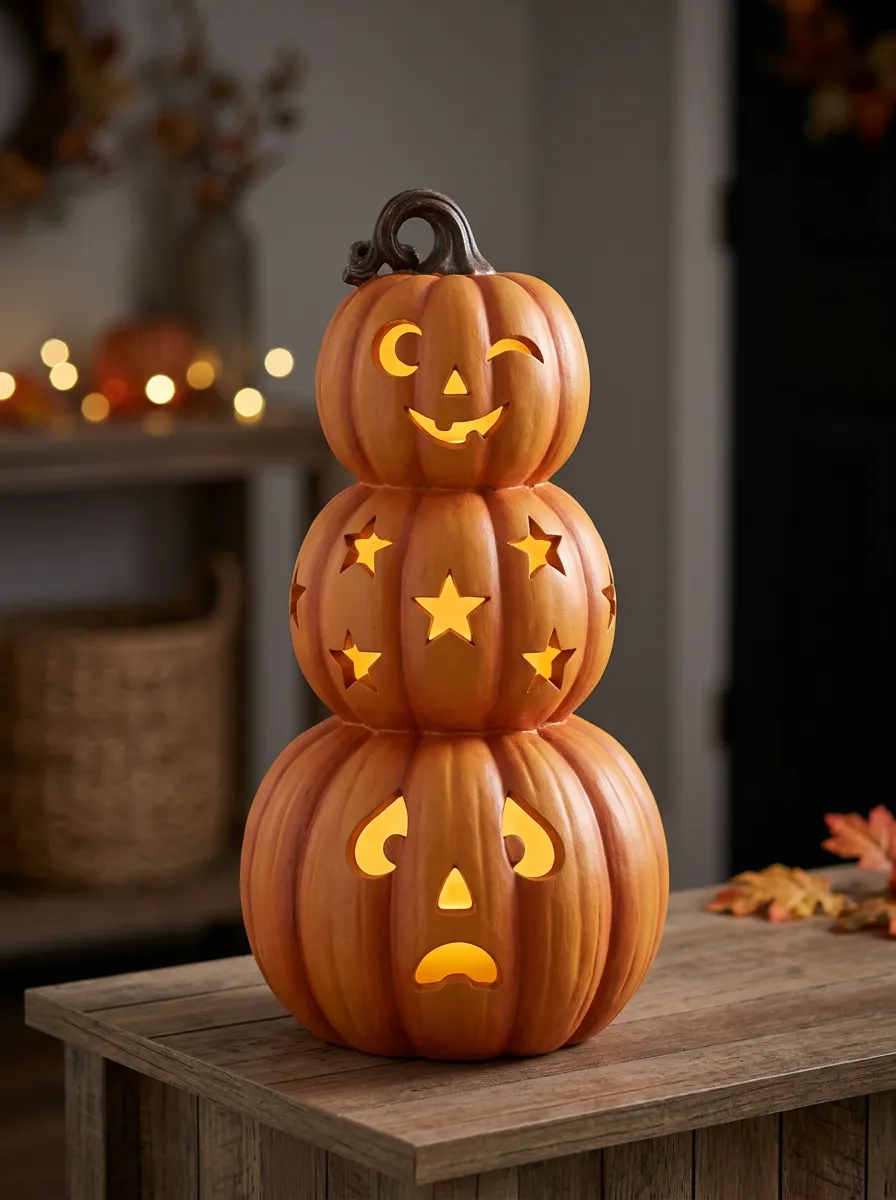 Stacked-Pumpkin Cutout Halloween Pumpkin Light