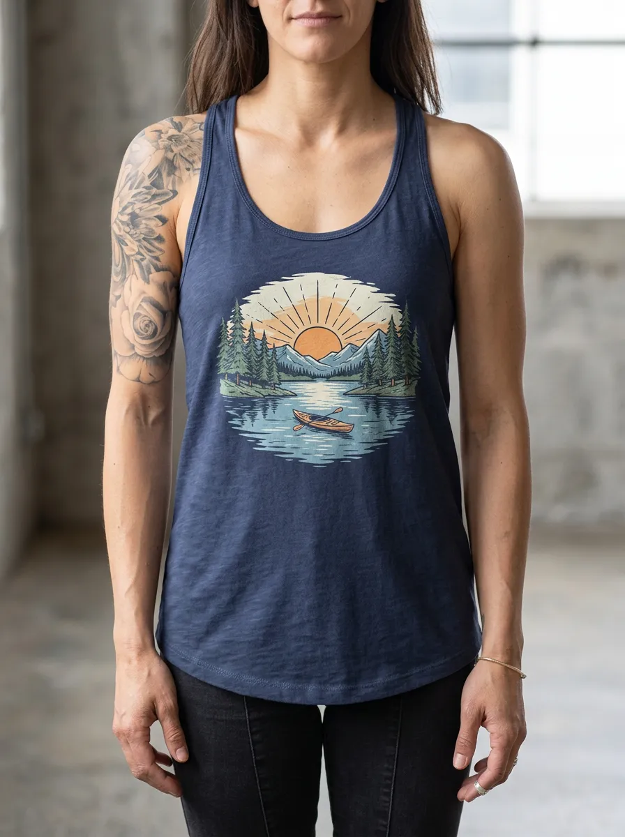 Women's Nature Kayaking Mountain Sunset Printed Tank Top