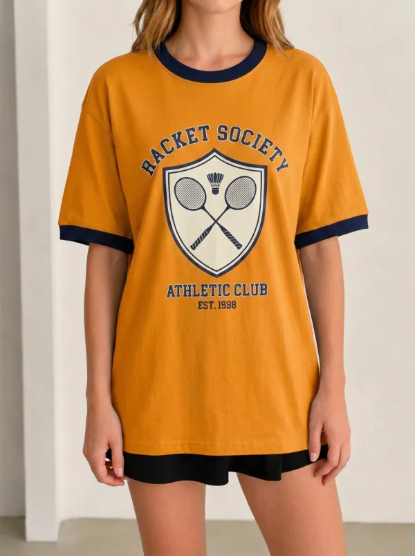 Women's Badminton Lover Racket Society Shield Printed T-shirt