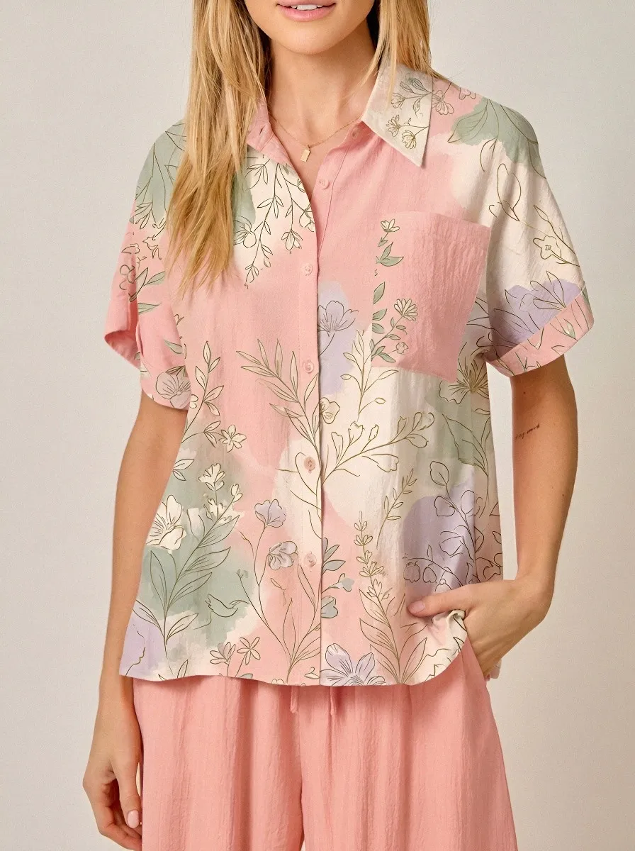 Women's Botanical Floral Watercolor Printed Button Down Shirt