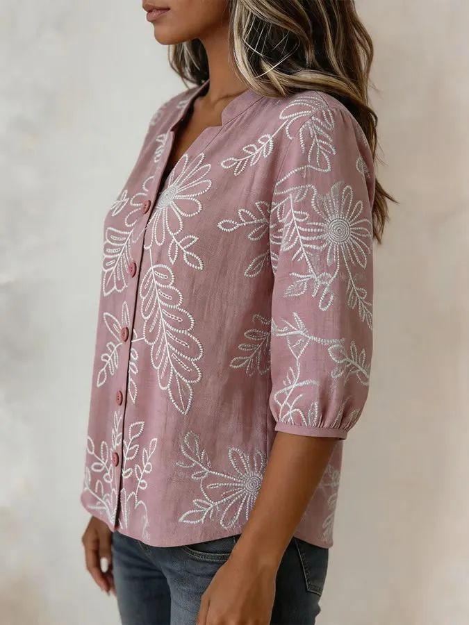 Women's Casual Short-Sleeve Positioning Print Cotton-Linen Top