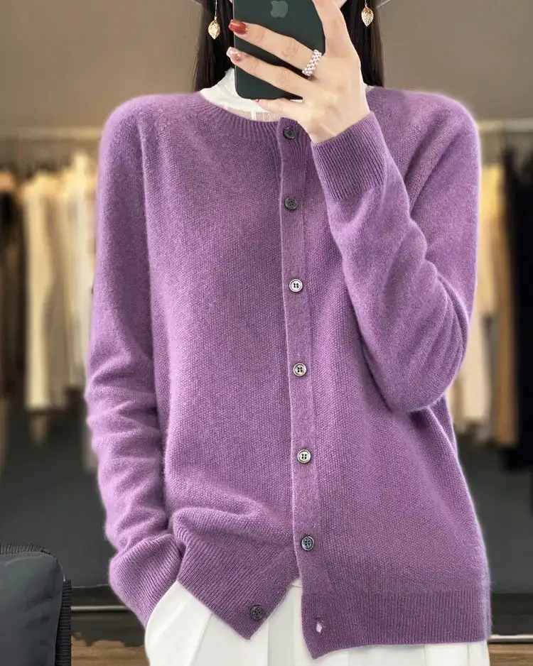 Refined Wool Button-Front Round-Neck Cardigan