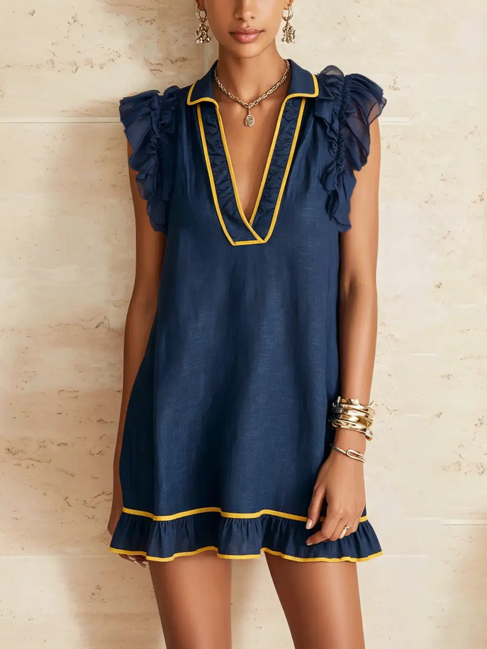 Contrast Trim Ruffle Mini Dress