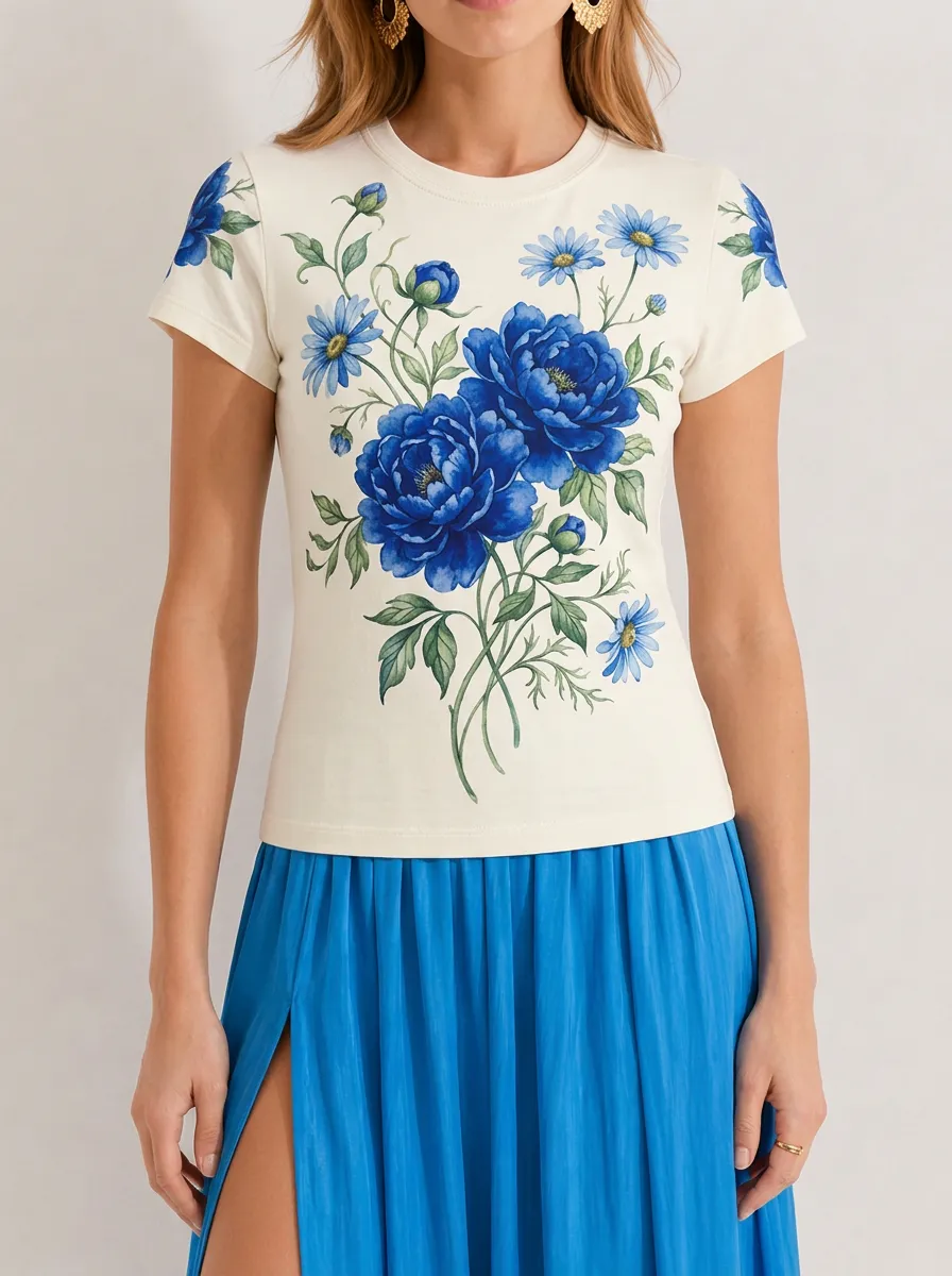 Women's Floral Lover Blue Peony Daisy Printed T-shirt